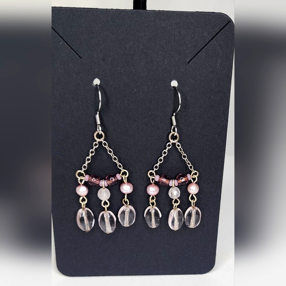 Pink stone beaded earrings dangle silver - Picture 1 of 2